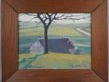 an oil painting of a tree and a barn in a field