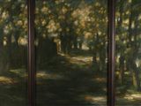 a painting of a park with a bench and trees
