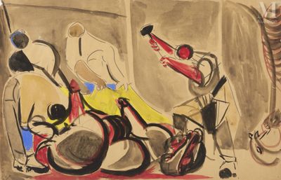 peinture d'un homme assis sur un canapé à côté d'une femme à vélo