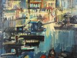 une peinture à l'huile représentant des bateaux amarrés dans un port, la nuit