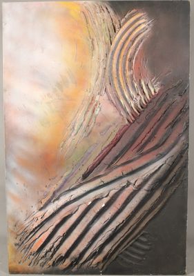 peinture abstraite représentant un oiseau en plein vol, avec un coucher de soleil en arrière-plan