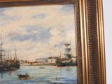 a painting of a harbor scene with boats in the water
