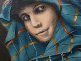 painting of a woman wearing a blue scarf and a green head scarf