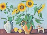 un tableau représentant des tournesols et des pommes dans un vase