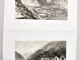 two black and white prints of a house and a mountain