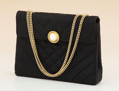 a black quilted purse with a gold chain strap