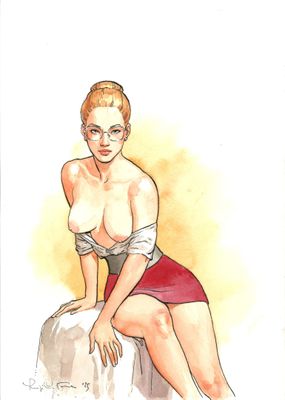 tableau représentant une femme assise sur un rocher, vêtue d'une jupe rouge