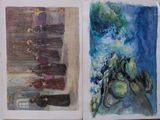 two pictures of a book with watercolors on it
