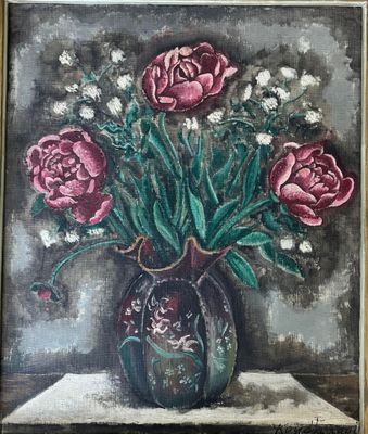 une peinture de fleurs dans un vase sur une table