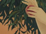 a painting of a woman picking a peach from a tree