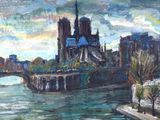 tableau représentant un tableau d'une rivière avec un pont en arrière-plan