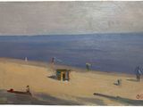 une peinture de personnes sur la plage au bord de l'eau