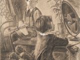 dessin représentant deux enfants assis à une table, avec un ventilateur devant eux