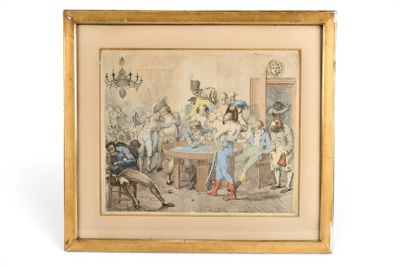 peinture d'un groupe de personnes assises autour d'une table dans une pièce