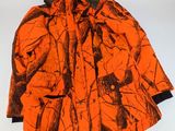 an orange and black jacket with camouflage print on it