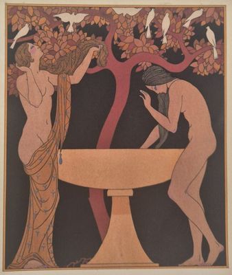 une image représentant un tableau où l'on voit deux femmes devant un arbre