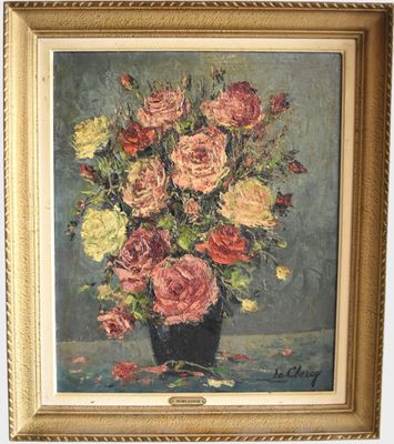 an oil painting of a vase of flowers on a table