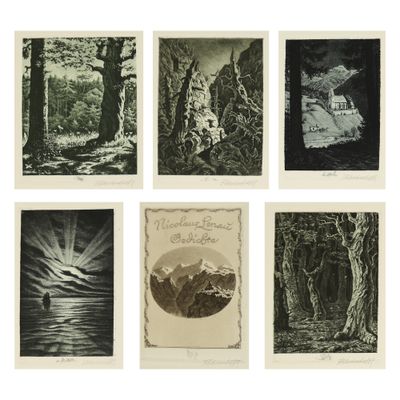 six photographies en noir et blanc représentant des arbres, des montagnes et une rivière