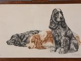un tableau représentant deux chiens et un chat, posé sur un chevalet