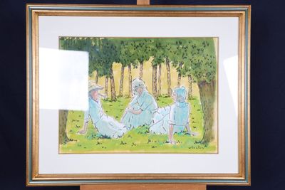 une photo d'un tableau représentant un groupe de personnes assises dans l'herbe