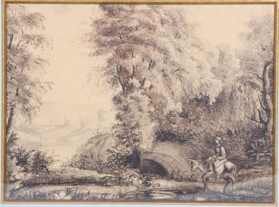 drawing of a man riding a horse across a river next to a bridge