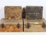 two old wooden boxes sitting on top of each other on a white surface