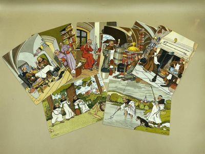 beaucoup de cartes postales posées sur une table