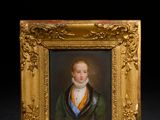 portrait d'un jeune garçon vêtu d'un manteau vert, dans un cadre doré