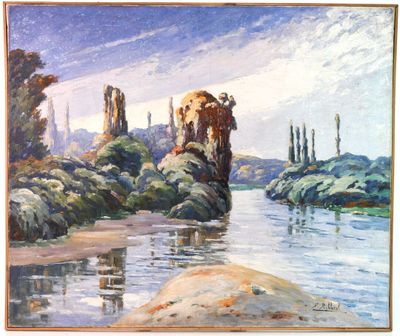une image représentant un tableau où l'on voit une rivière avec des rochers et des arbres en arrière-plan