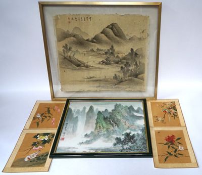 CHINE. Lot de pièces encadrées dont paysage à l'encre sur so…