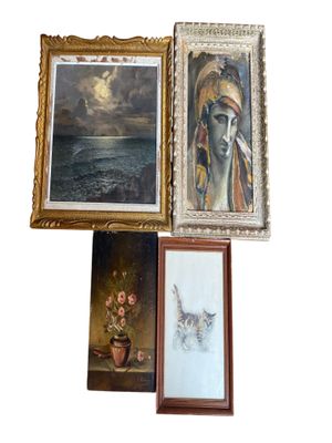 four framed pictures of a woman and a cat on the wall