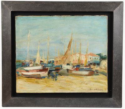 une peinture à l'huile représentant des bateaux dans un port par une journée ensoleillée