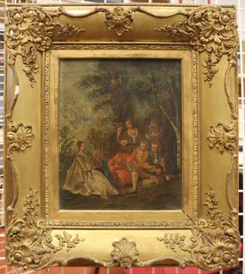 painting of a group of people in a wooded setting with a dog