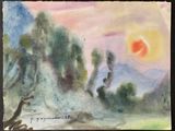 une image représentant un tableau représentant un coucher de soleil sur une chaîne de montagnes