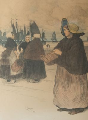 dessin représentant un groupe de personnes sur une plage, avec des bateaux en arrière-plan