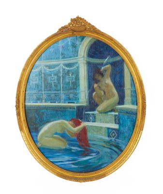 une photo d'un tableau représentant une femme dans une piscine