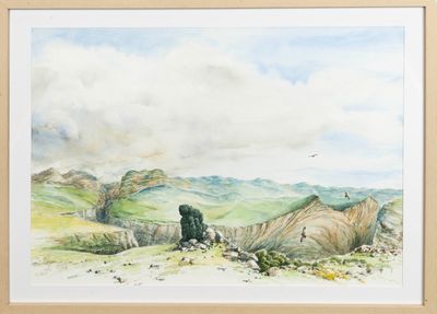 a watercolor painting of a landscape with a mountain in the background
