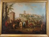 painting of a painting of a village scene with people and animals