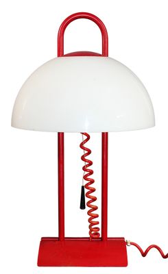 red and white table lamp with a cord attached to it