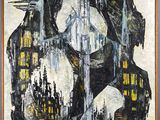 une image représentant un tableau où l'on voit une femme dans une ville avec des immeubles