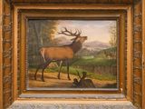 une peinture à l'huile représentant un cerf et une biche dans un décor boisé