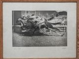 une vieille photo représentant un cheval et son jockey lors d'une course