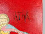 a painting on the wall of a room with a red background