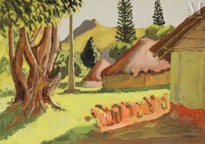 une peinture à l'huile représentant une scène de campagne avec un arbre et une clôture