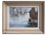 une peinture à l'huile représentant des voiliers dans un port par une journée ensoleillée