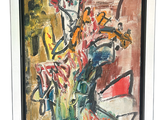 a painting of a vase of flowers on a table