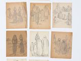 Plusieurs dessins représentant des personnes sont reproduits sur du papier ancien, sur un fond blanc.