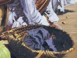 a painting of a woman sitting on the ground with a basket of vegetables