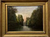 an oil painting of a river with trees in the foreground
