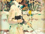an image of a painting of a woman walking a dog on a leash
